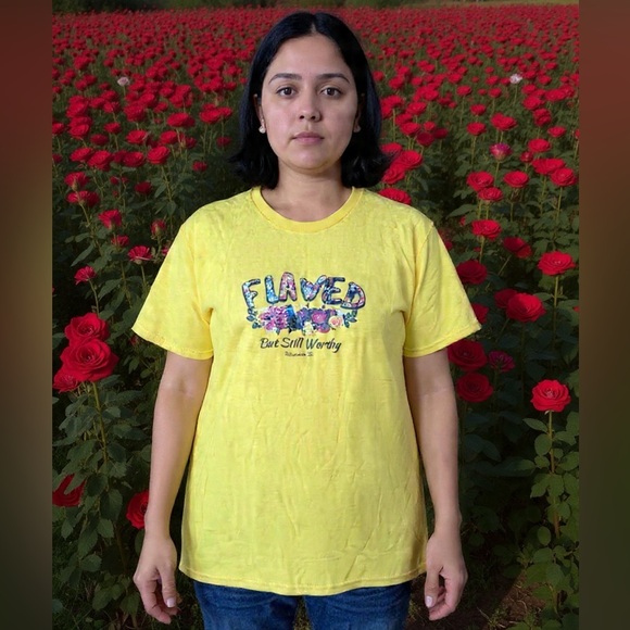 Tops - Yellow Floral Graphic Tee - "Flawed But Still Worthy"